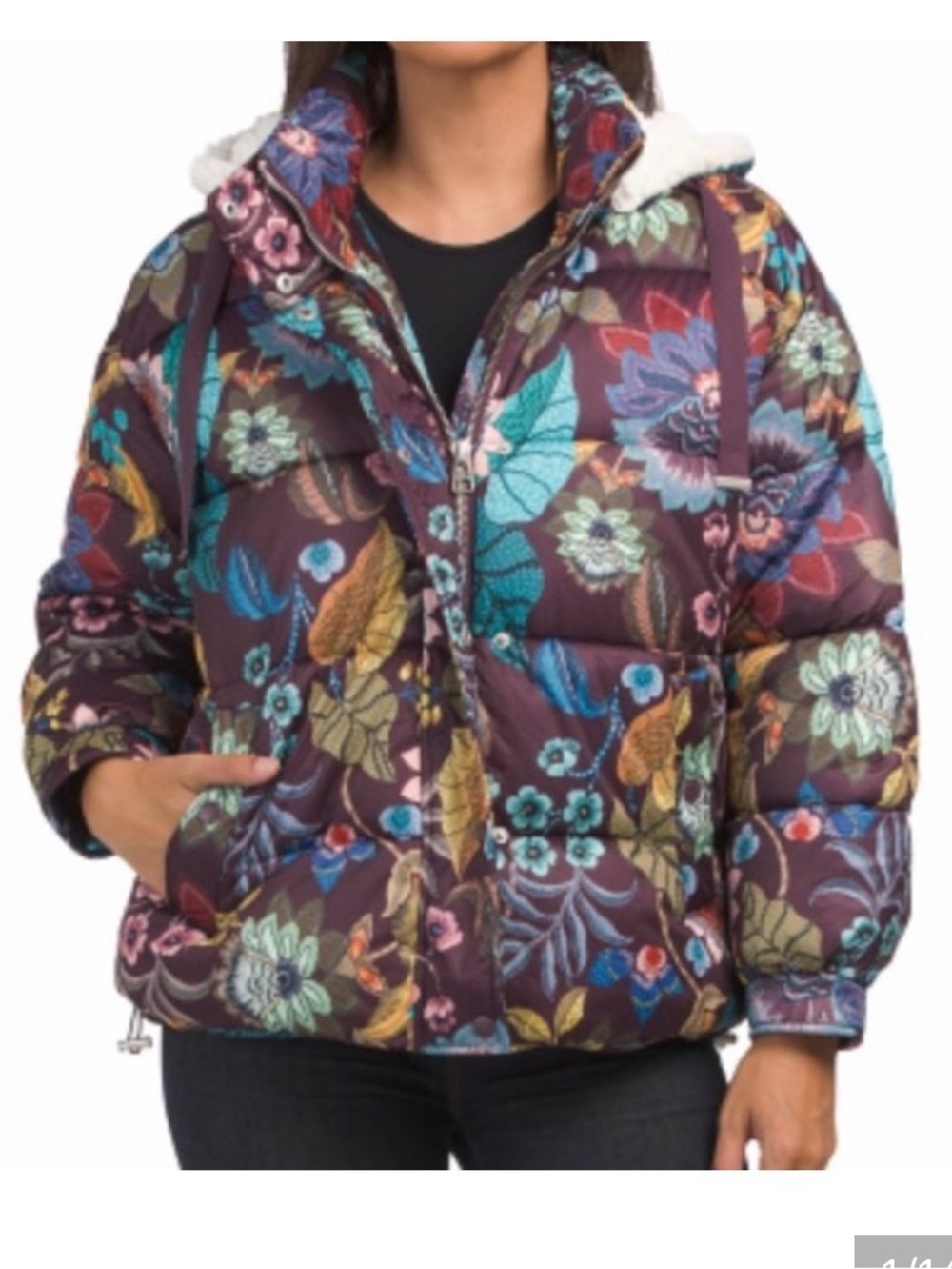 Avec Les Filles Floral Quilted Puffer Jacket - Deep Plum Multi